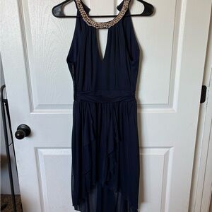 B. Smart Navy High Low Dress with Embellished Neckline